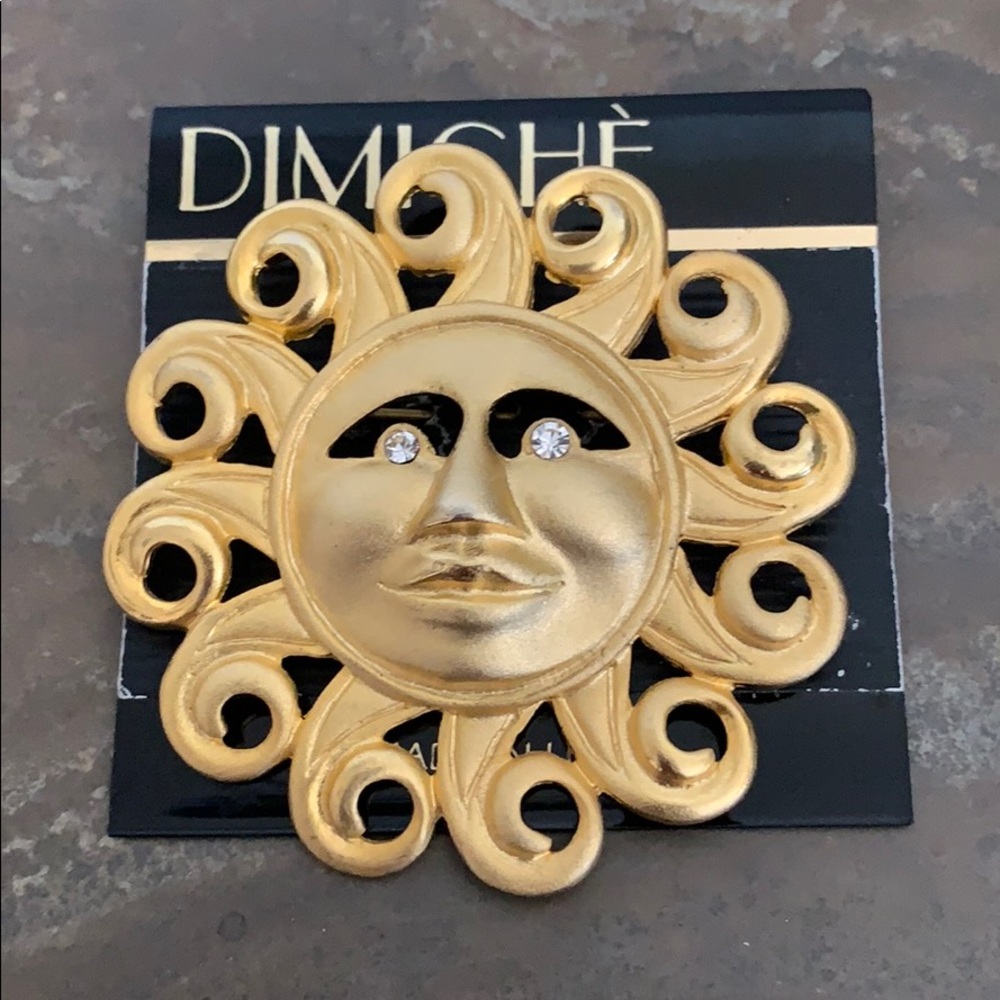 NWT DIMICHE Golden Sun With Crystals Eyes Brooch